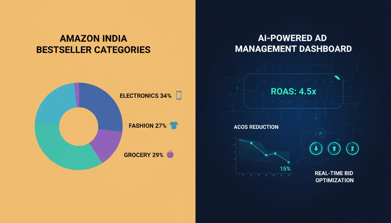 Amazon India best selling product categories market share alongside AI ad optimization dashboard for sellers