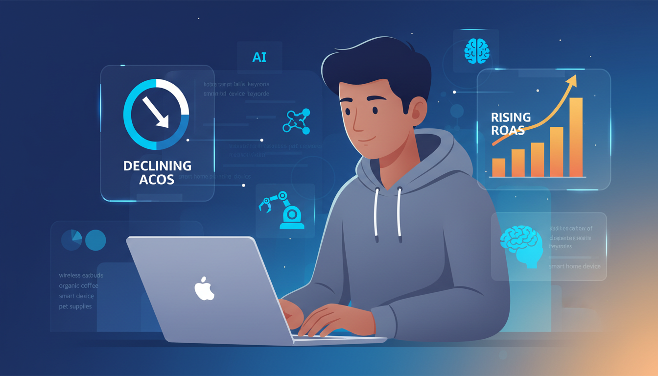 Amazon seller using AI advertising tools to optimize PPC campaigns and reduce ACoS