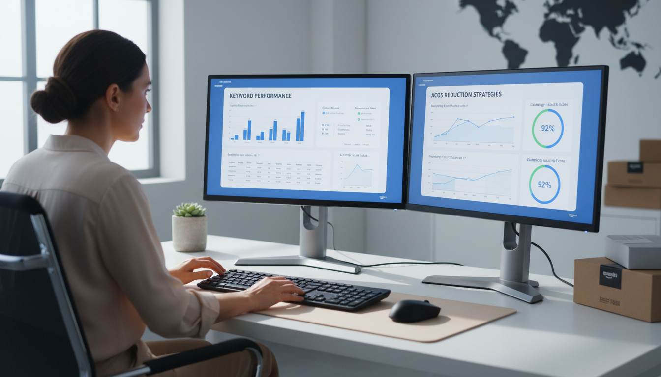 Amazon seller reviewing AI advertising analytics and PPC campaign performance on a computer screen