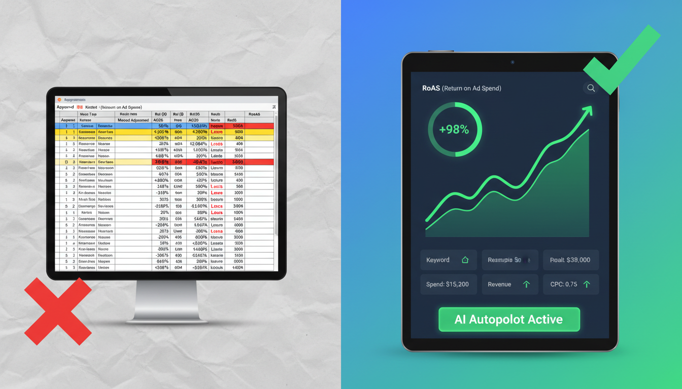 Comparison of manual Amazon PPC management versus AI advertising platform automation showing ROAS improvement