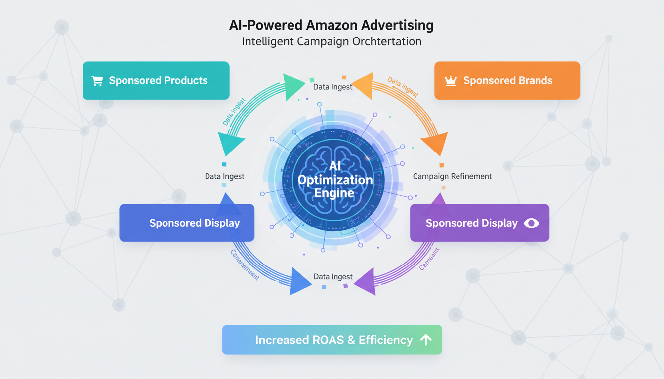 AI-powered Amazon advertising campaign structure showing automated bid management and keyword optimization flow for Amazon PPC