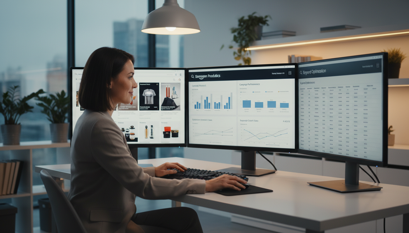 Amazon seller analyzing advertising campaign performance on multiple screens with PPC and ROAS data