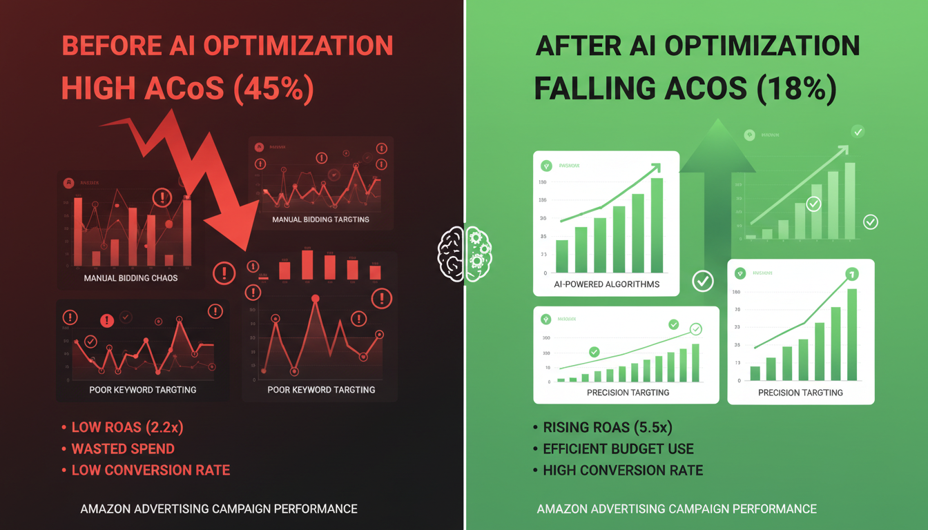 Before and after comparison of Amazon advertising campaign optimization showing ACoS reduction and ROAS improvement with AI