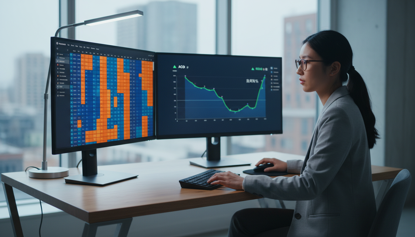 Amazon seller reviewing advertising campaign performance with ACoS and ROAS data on dual monitors