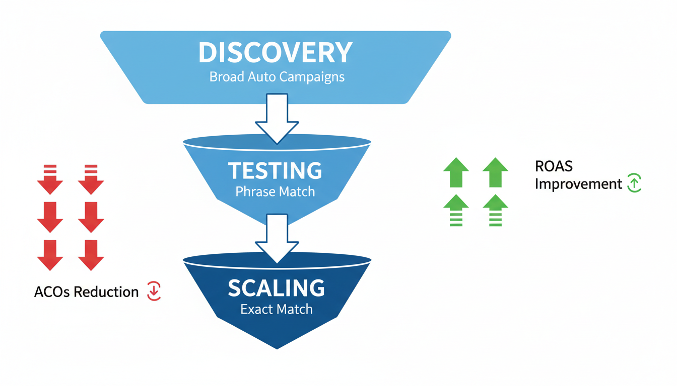 Amazon PPC keyword funnel showing discovery, testing and scaling campaign stages for ACoS reduction