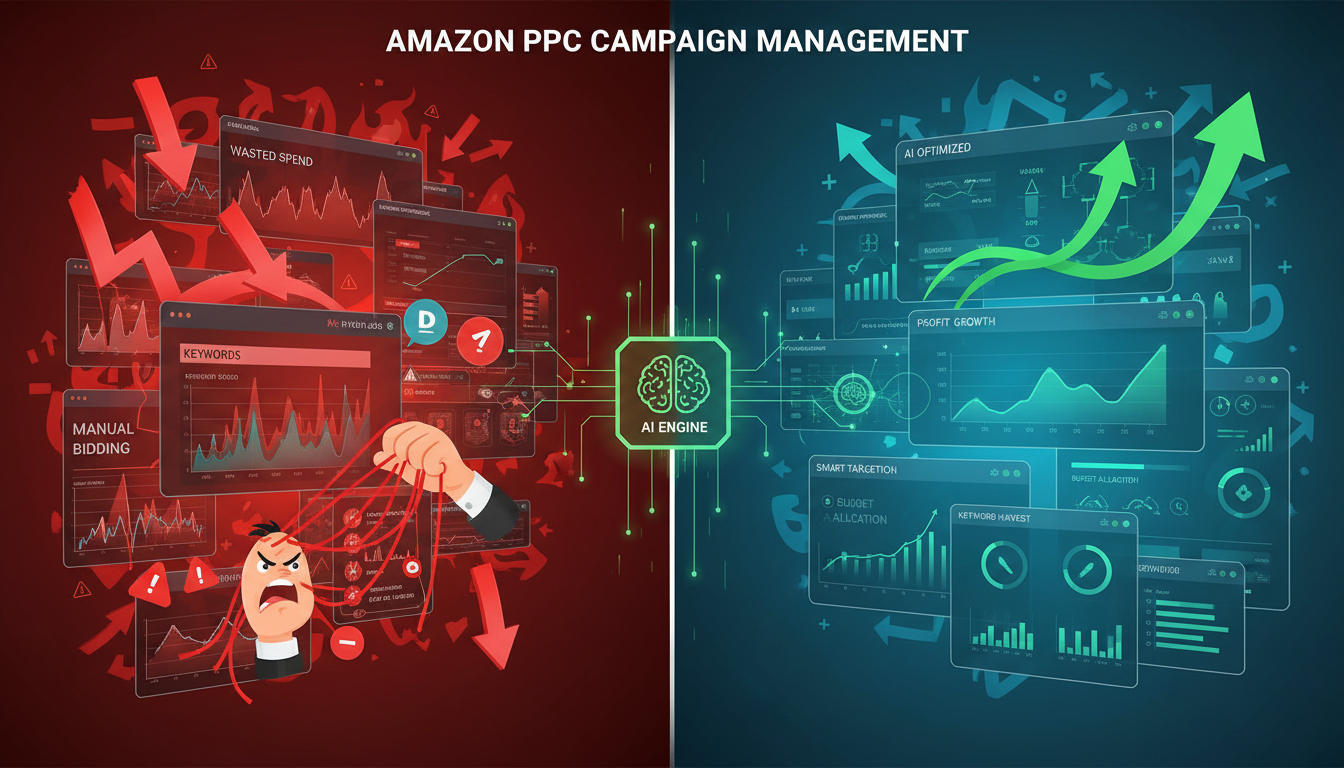 Comparison of manual versus AI-powered Amazon advertising campaign management showing performance improvements