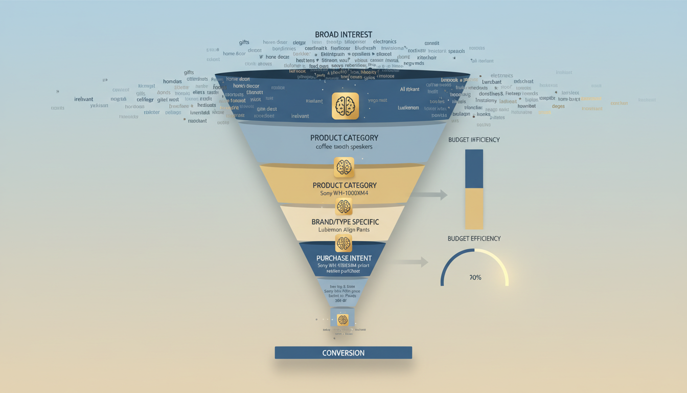 AI-powered Amazon PPC campaign keyword funnel showing negative keyword harvesting and budget optimization process