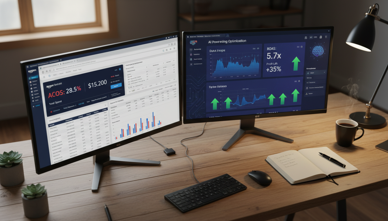 Amazon PPC campaign management with AI advertising tools displayed on dual monitors