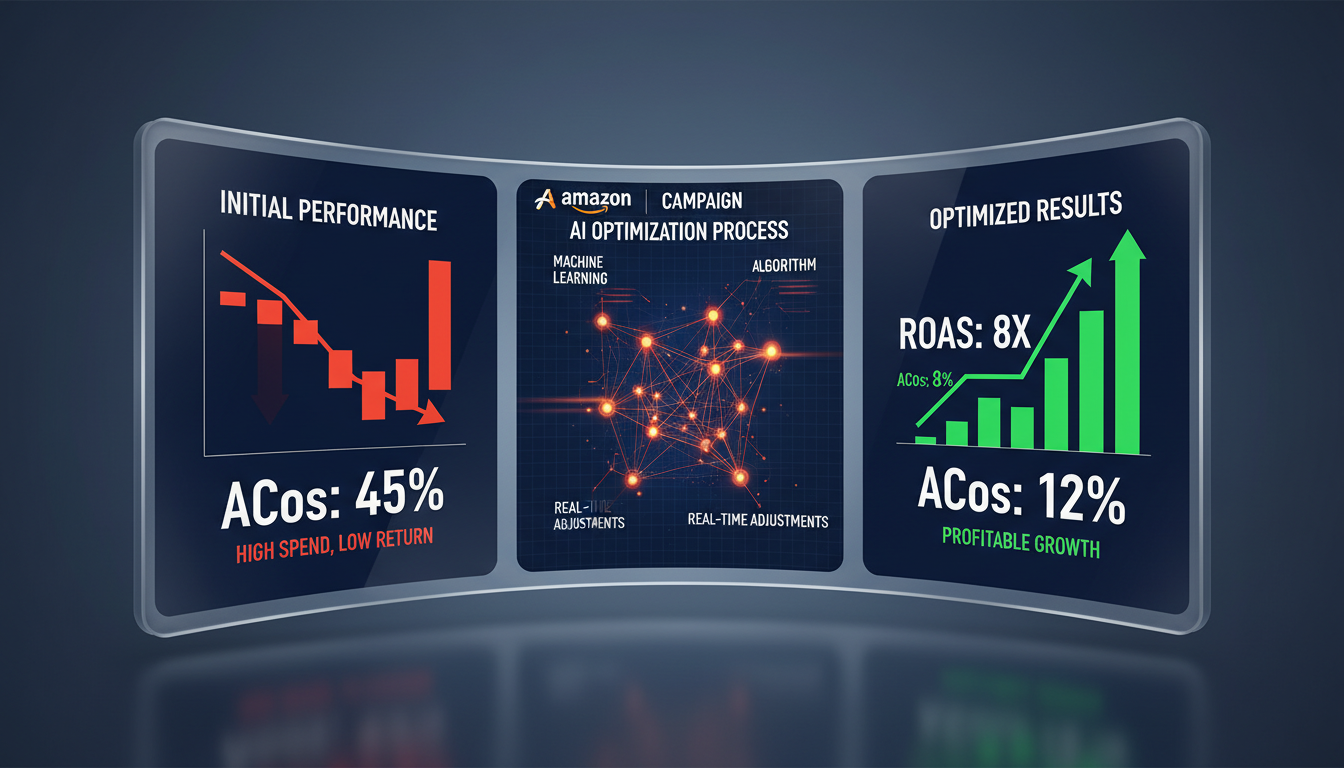 Amazon advertising campaign performance improvement with AI PPC optimization showing ACoS reduction and ROAS boost
