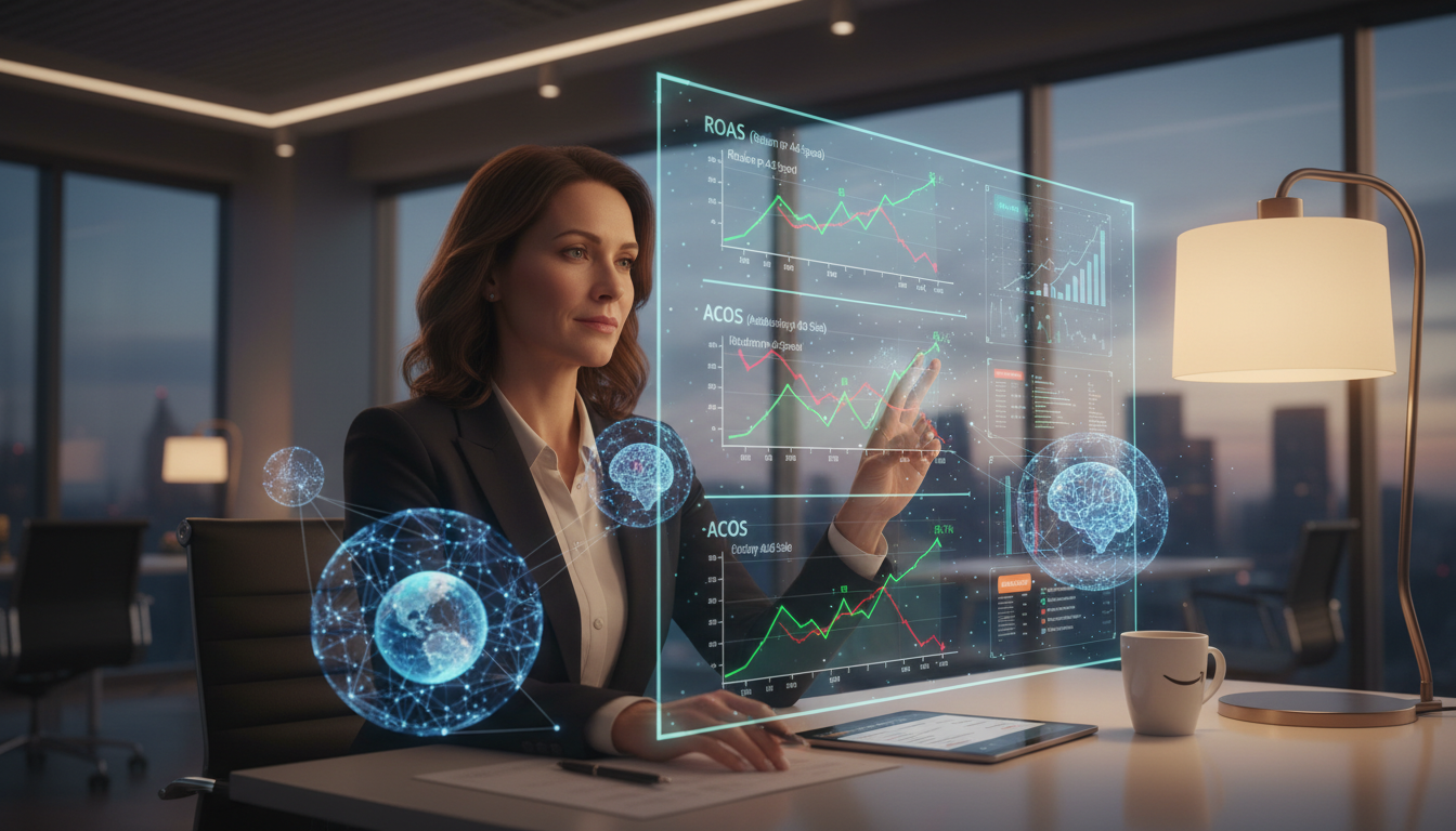 Amazon seller reviewing AI advertising performance metrics showing improved ROAS and lower ACoS