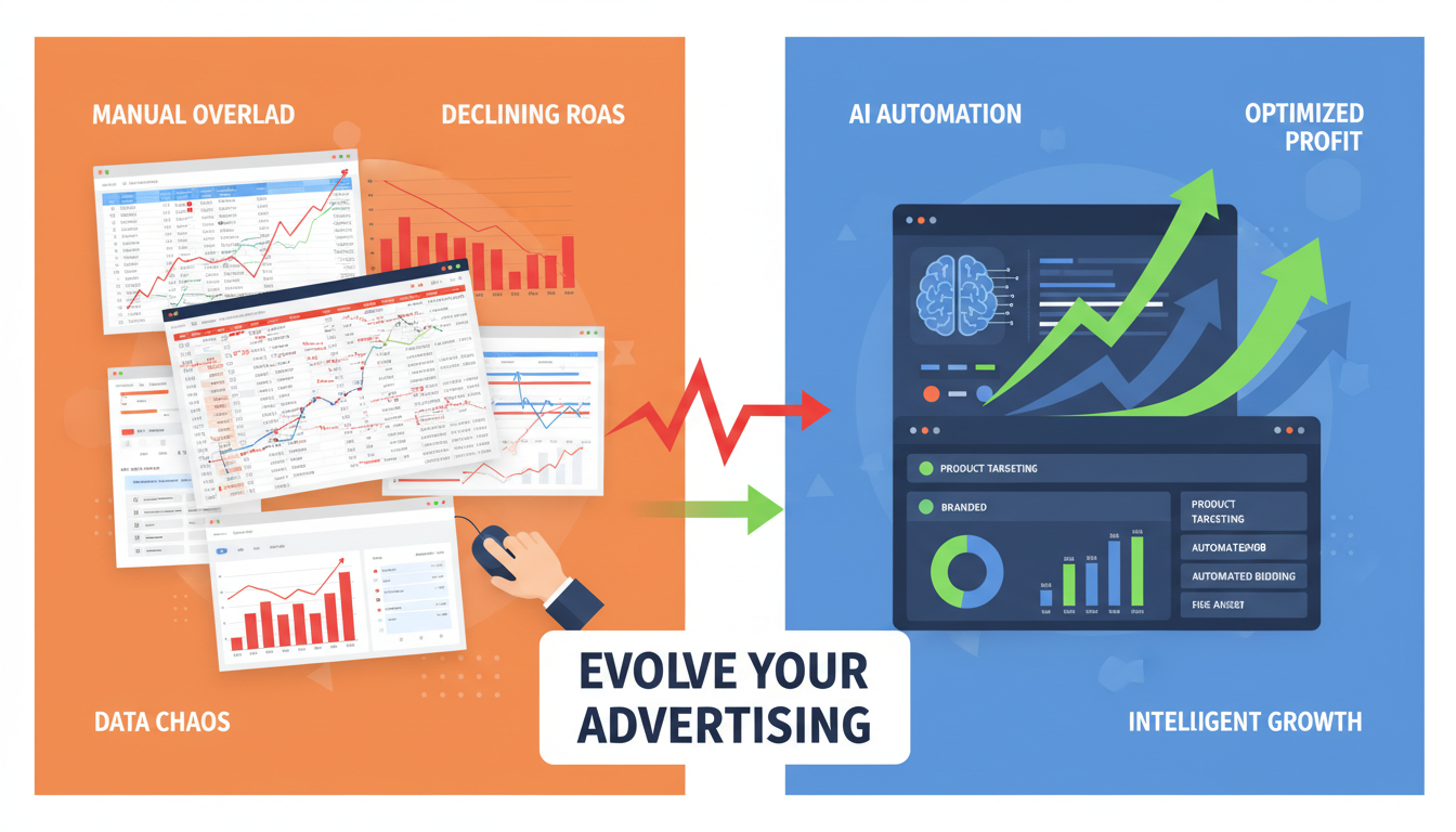 Comparison between manual Amazon PPC management and AI-powered ad automation showing improved performance metrics