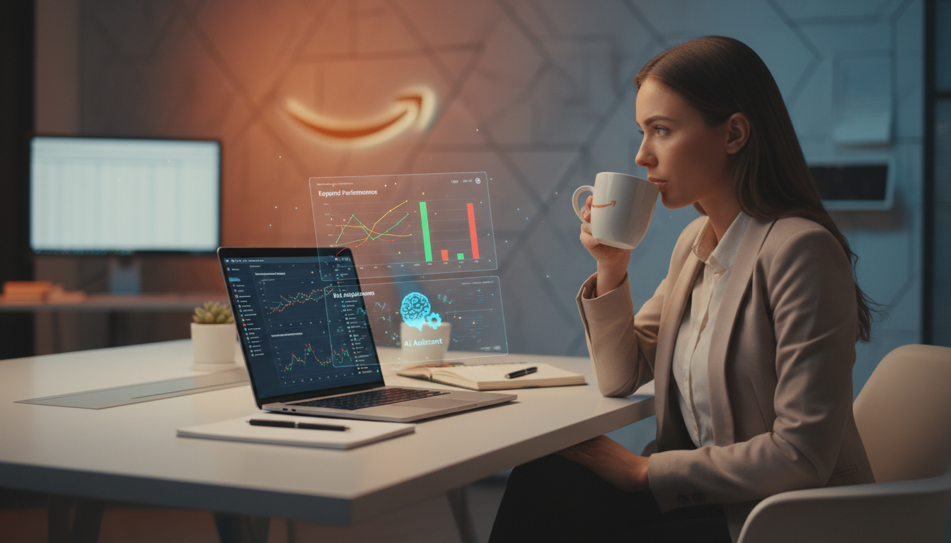 Amazon seller reviewing PPC campaign optimization analytics with AI advertising tools on a laptop