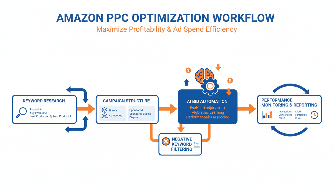 Amazon PPC optimization workflow infographic showing AI-powered campaign management strategies from keyword research to bid automation