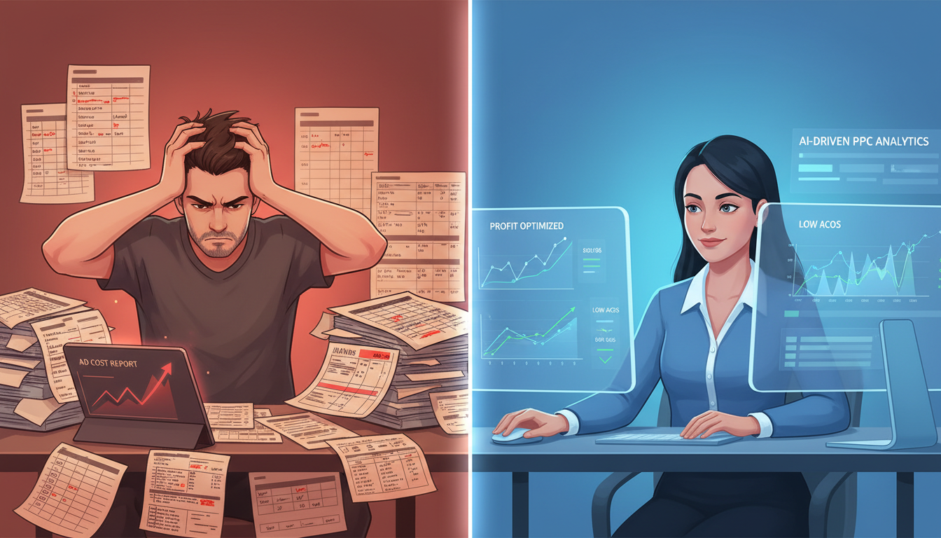 Amazon seller struggling with manual PPC management versus using AI-powered Amazon advertising optimization tools
