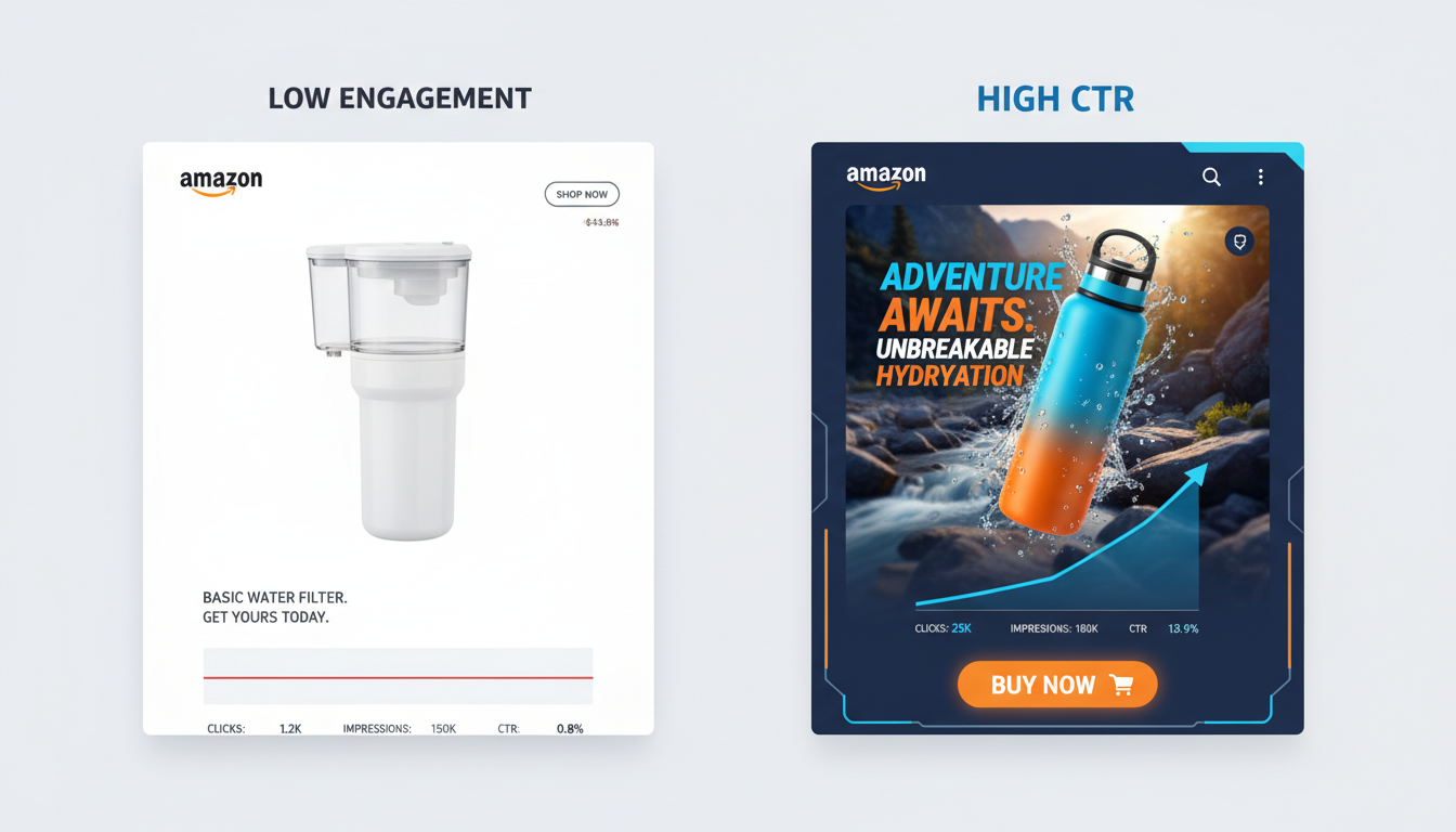 AI-generated Amazon ad creatives comparison showing higher CTR and conversion rates versus standard product images