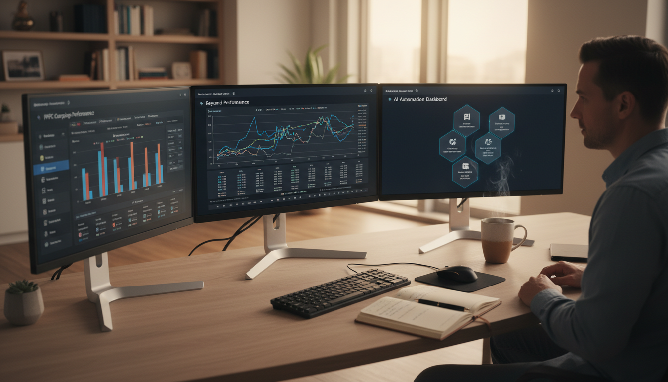 Amazon seller reviewing AI-powered PPC campaign analytics and optimization data on multiple screens