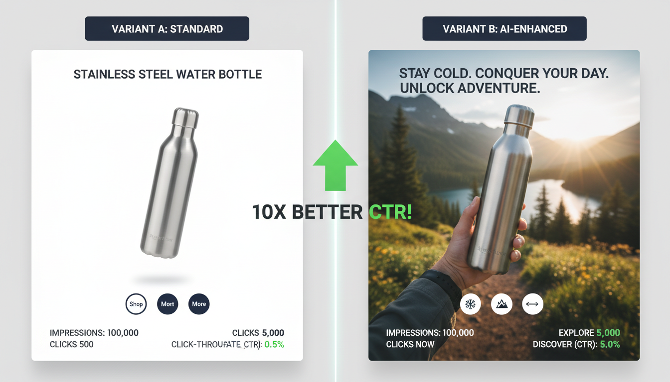 AI-generated Amazon ad creative compared to standard product image, showing higher CTR with AI advertising tools