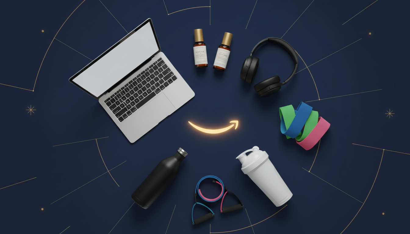 Flat-lay of Amazon best selling products including electronics, beauty, fitness and home goods categories