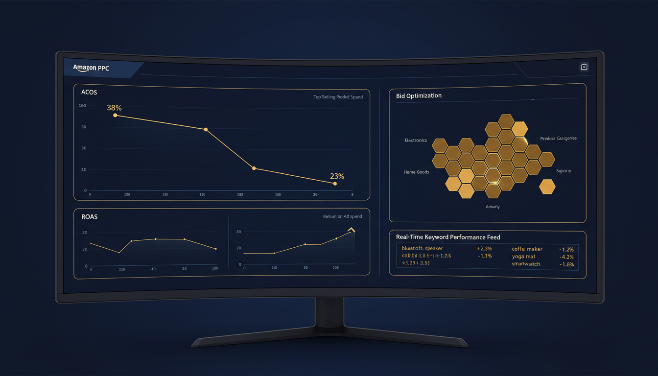 AI-powered Amazon PPC dashboard showing ACoS reduction and ROAS improvement for top selling Amazon products