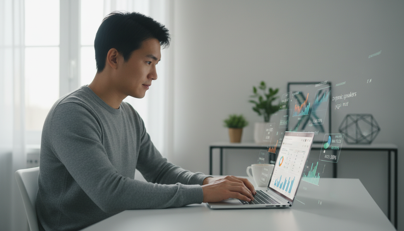 Amazon seller analyzing AI advertising strategies and PPC campaign data on a laptop