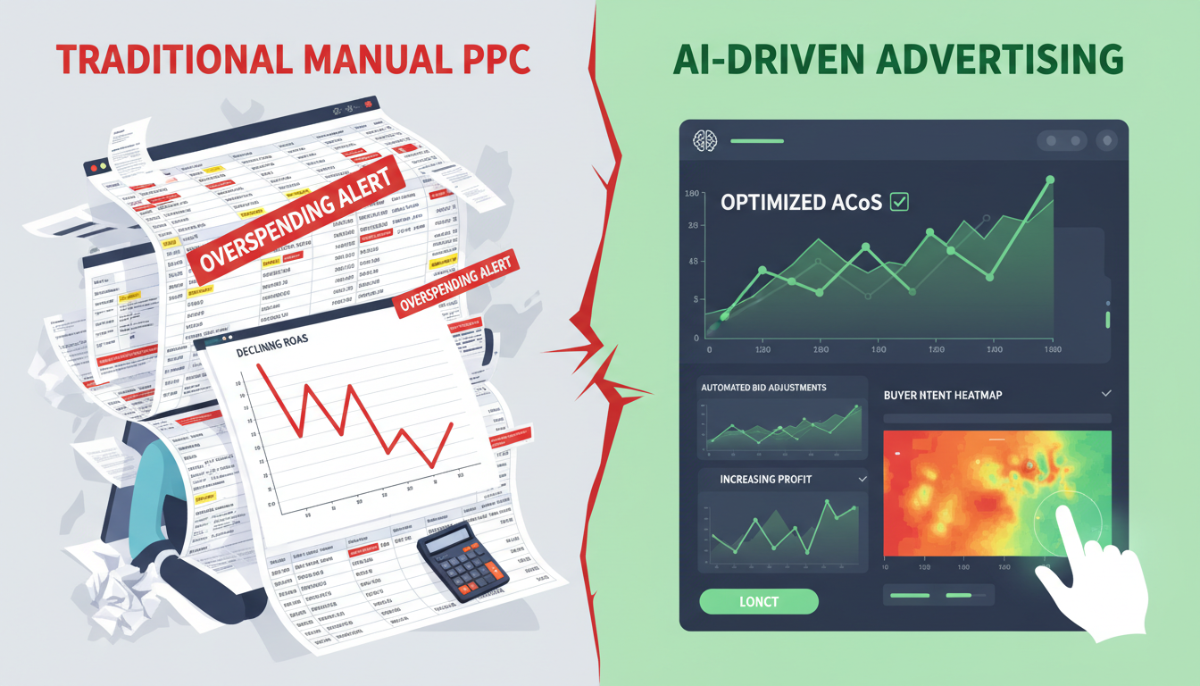 Comparison of manual Amazon PPC management versus AI advertising platform automation showing ROAS and ACoS improvements
