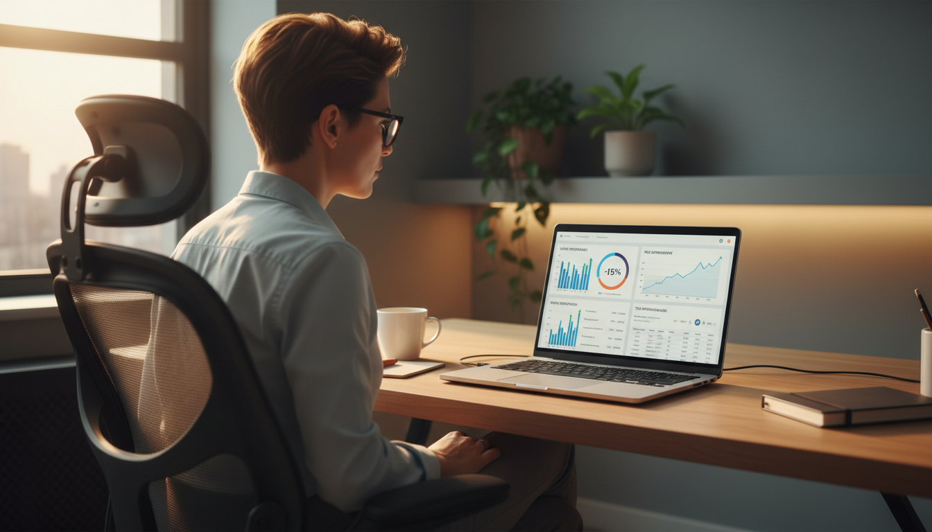 Amazon seller reviewing AI advertising analytics and PPC optimization results on a laptop