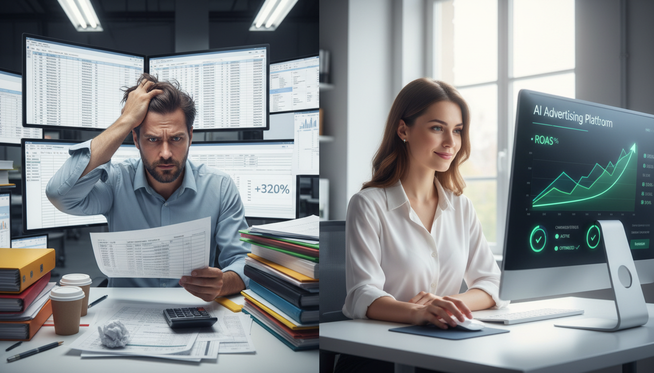 Comparison of manual Amazon PPC management versus AI-powered advertising automation showing ROAS improvement