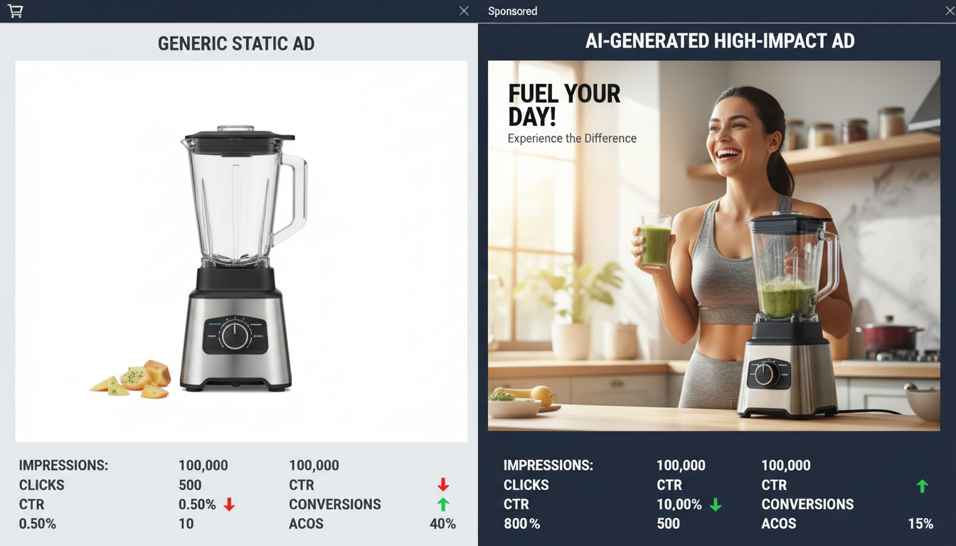 AI ad creative generator comparison showing higher CTR and conversion rates versus static Amazon product ads