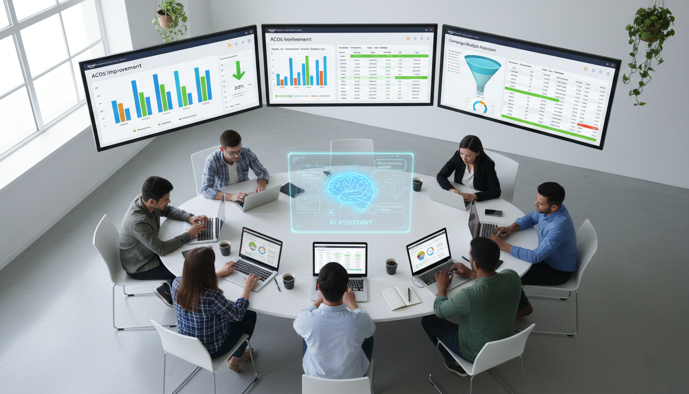 E-commerce marketing team analyzing Amazon PPC campaign performance metrics and AI advertising optimization results