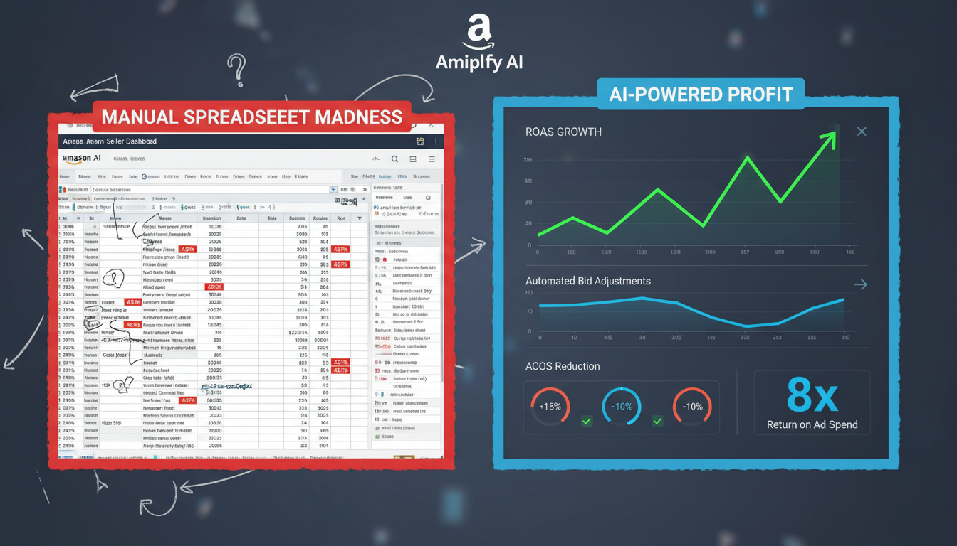 Comparison of manual Amazon PPC campaign management versus AI-powered ad automation showing ACoS improvement