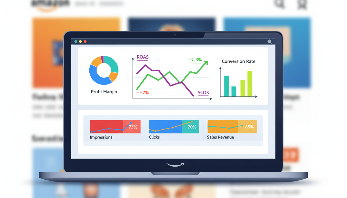Amazon seller viewing AI advertising strategy results with improved ROAS and lower ACoS on a laptop dashboard