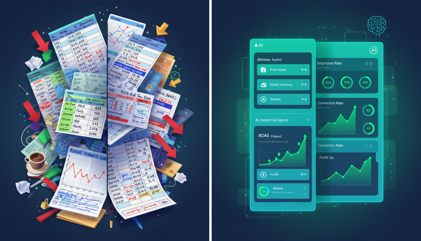 Comparison of manual Amazon advertising management versus AI-powered campaign optimization showing superior ROAS results