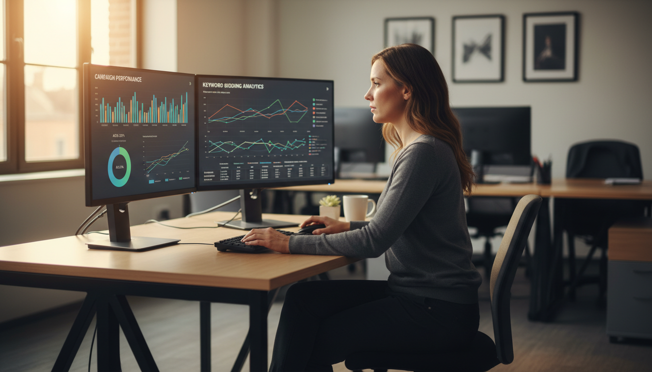 Amazon seller analyzing AI-powered advertising strategy and campaign performance metrics on dual monitors