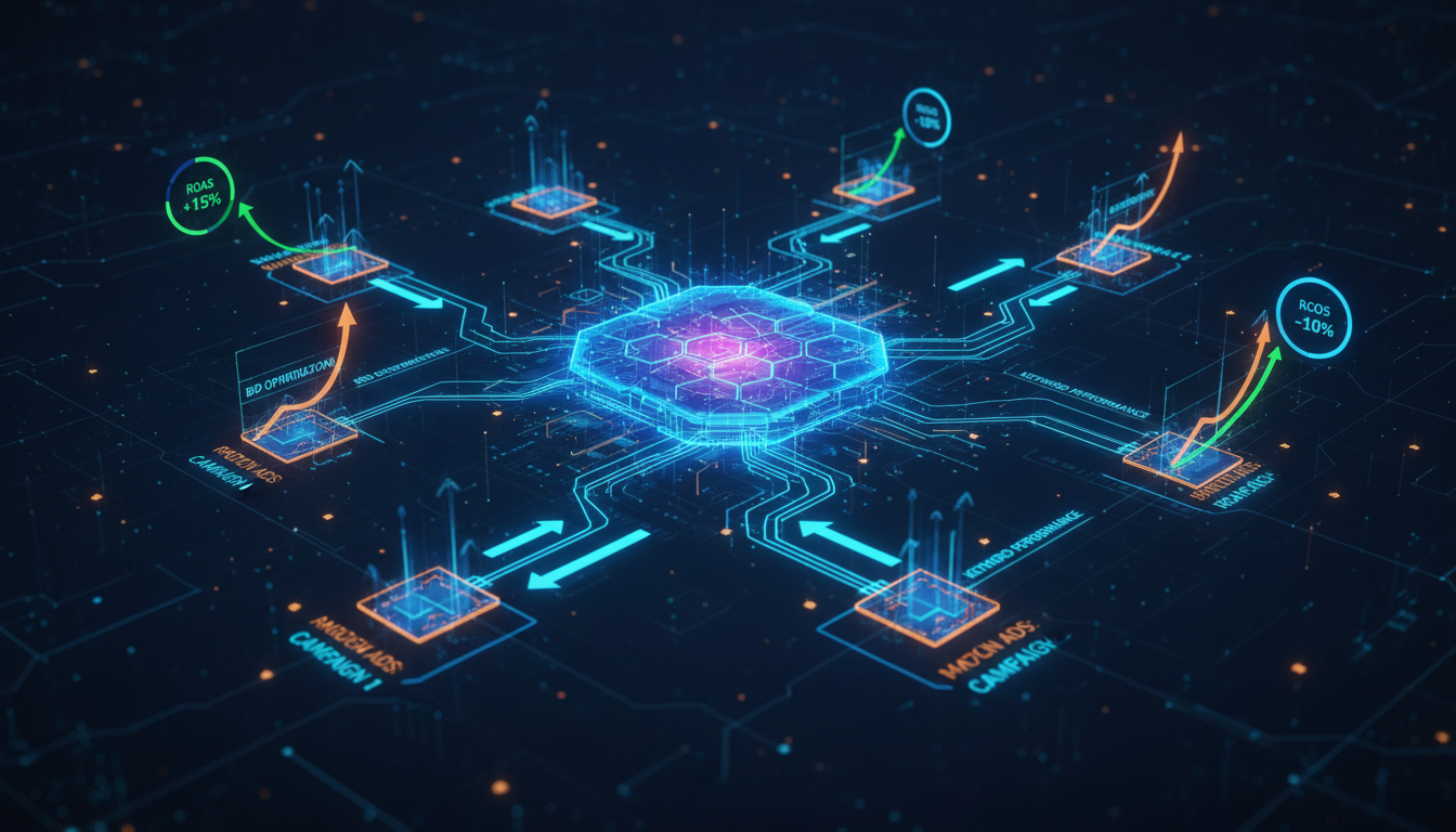 AI-powered Amazon advertising campaign management system showing automated bid optimization and ROAS improvement