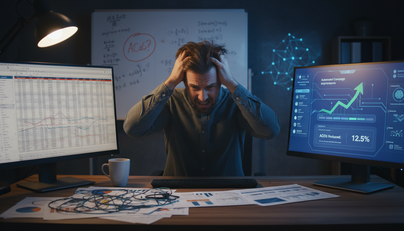 Amazon seller comparing manual PPC management with AI-driven ad campaign automation platform
