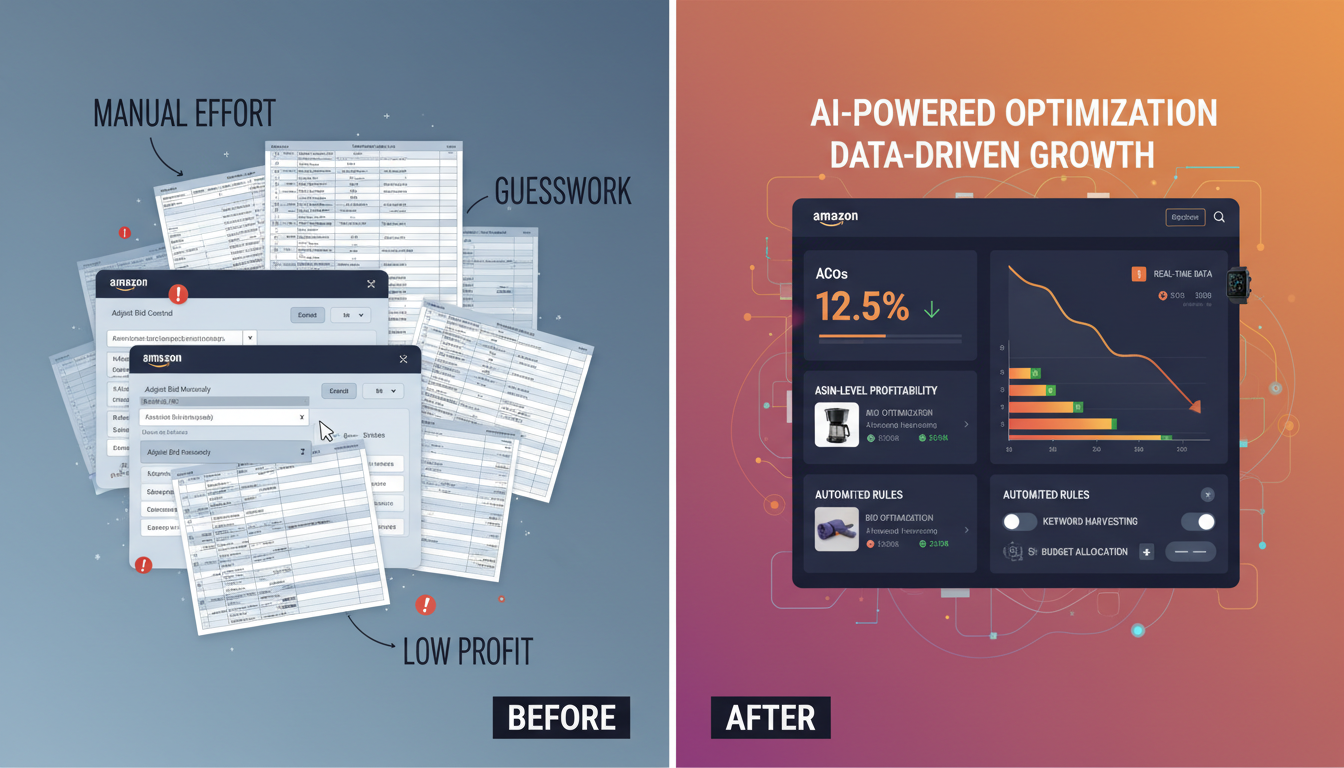 Comparison of manual Amazon PPC management versus AI-powered agency ad management platform with lower ACoS