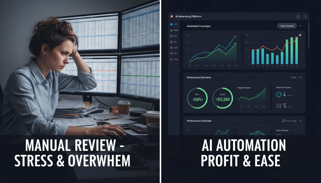 Comparison of manual Amazon PPC management versus AI advertising automation tools showing performance improvement