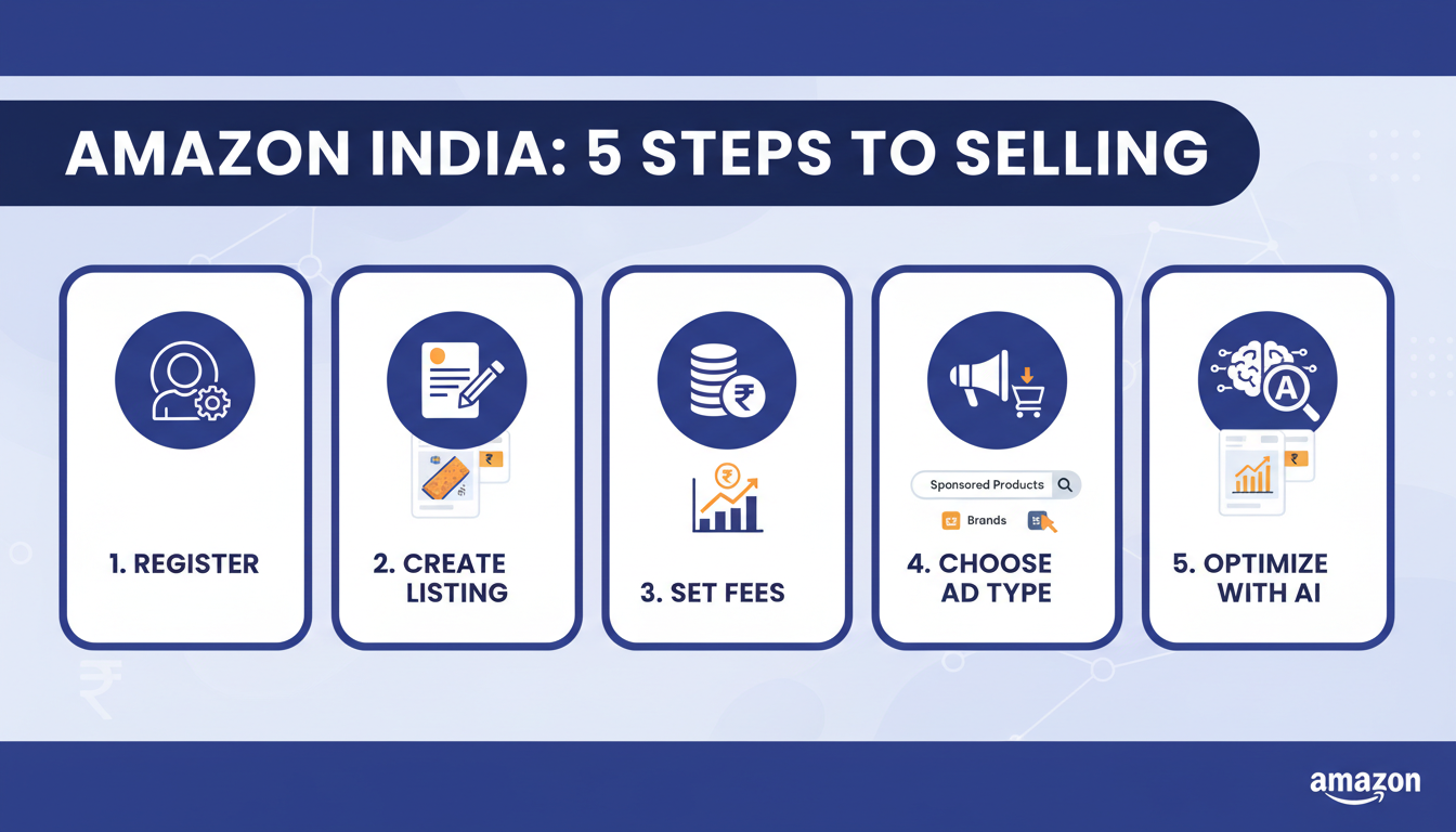 5-step infographic for listing products on Amazon India including seller registration, product listing, fees, ad types and AI optimization