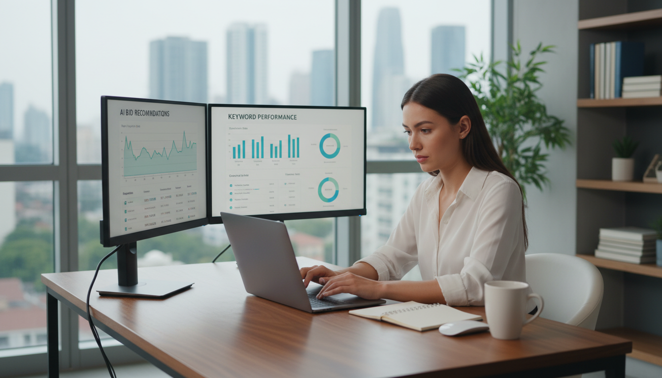 Amazon ecommerce seller reviewing AI-driven digital marketing advertising campaign analytics on dual monitors