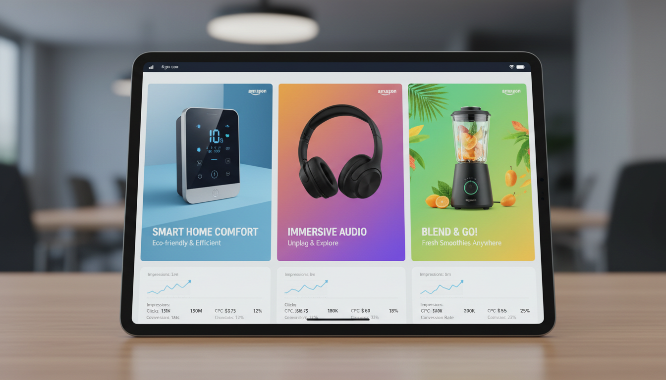 AI-generated Amazon digital marketing advertising campaign creative variants with A/B performance metrics comparison