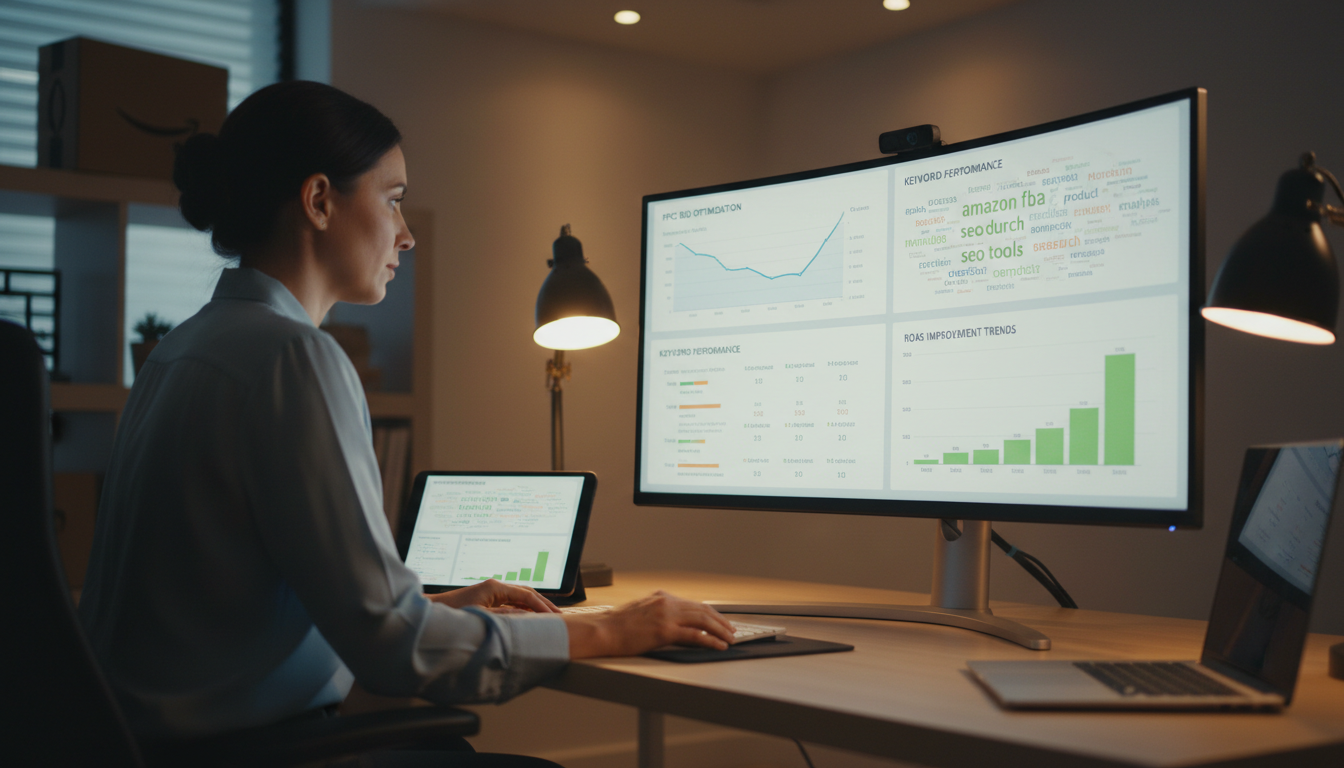 Amazon seller using AI advertising tools to review PPC campaign performance and keyword analytics
