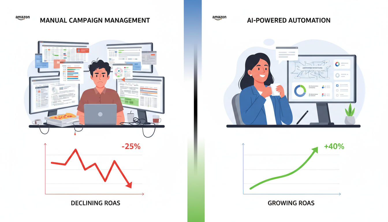 Comparison of manual Amazon PPC management versus AI advertising automation showing ROAS improvement