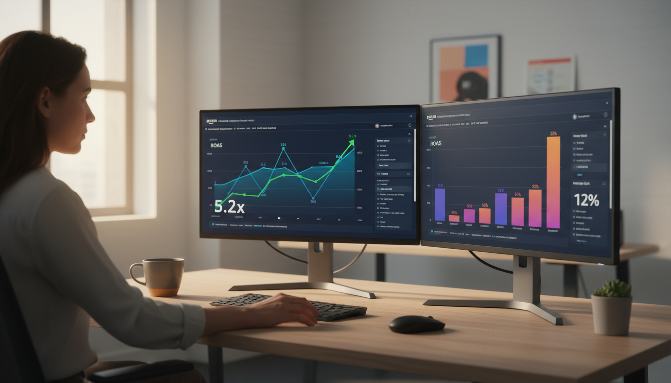 Amazon seller using AI advertising tools to review PPC campaign performance and ROAS analytics