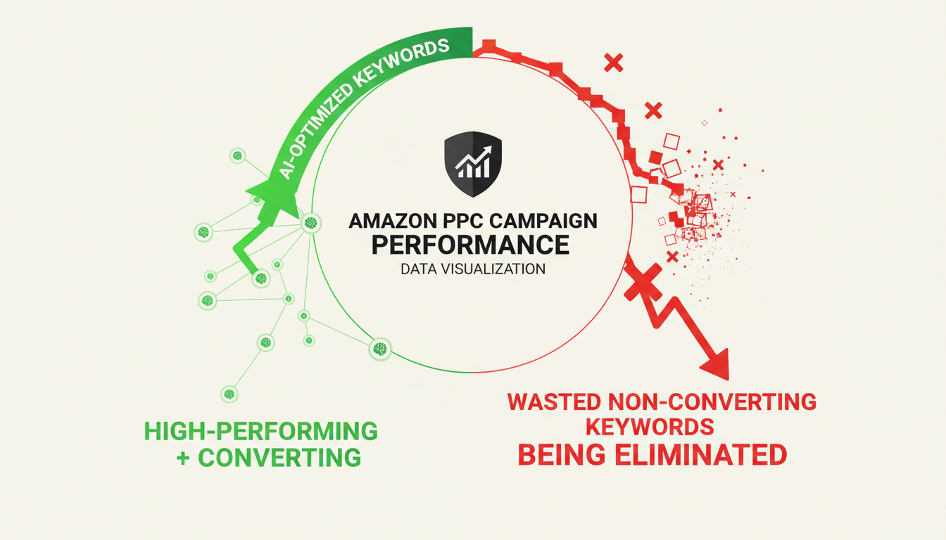 Amazon PPC campaign optimization showing AI advertising eliminating non-converting keywords to improve ROAS and lower ACoS