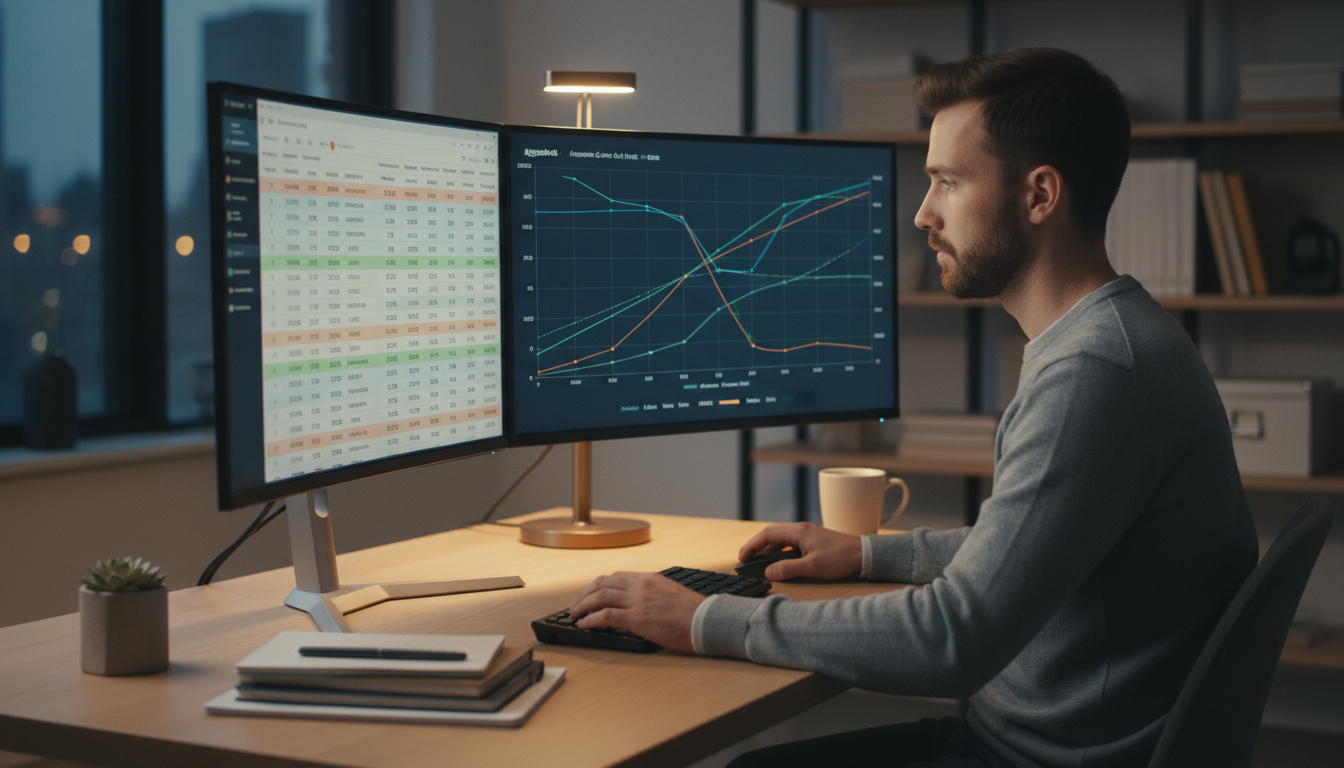Amazon seller analyzing PPC advertising campaign metrics and ROAS data on dual monitors using AI-powered ad management software