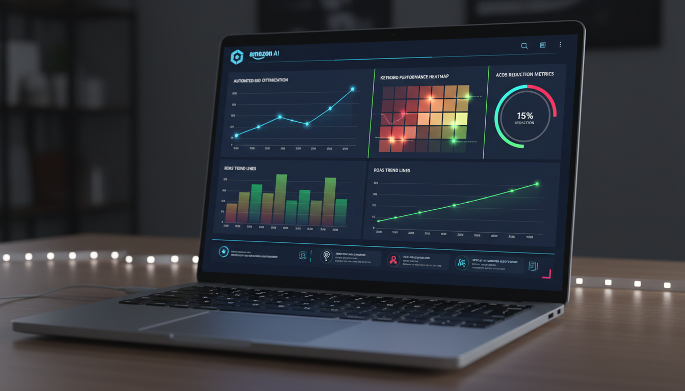 AI-powered Amazon PPC campaign management dashboard showing automated bid optimization, keyword heatmaps, and ROAS improvement metrics