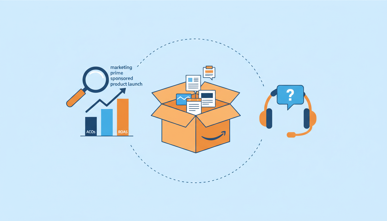 Amazon seller support ecosystem showing PPC metrics, logistics tracking, and customer service tools
