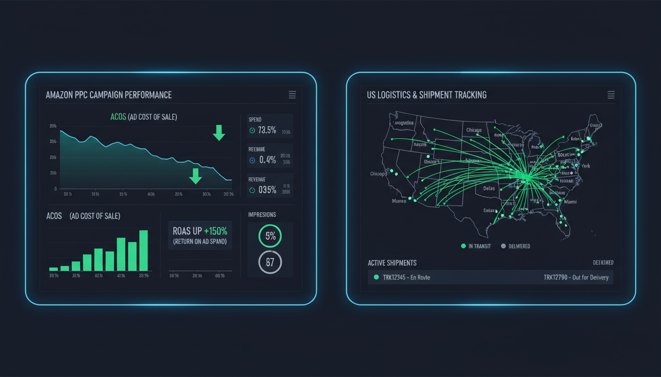 Amazon PPC optimization dashboard showing ACoS reduction and logistics Amazon tracking map for sellers