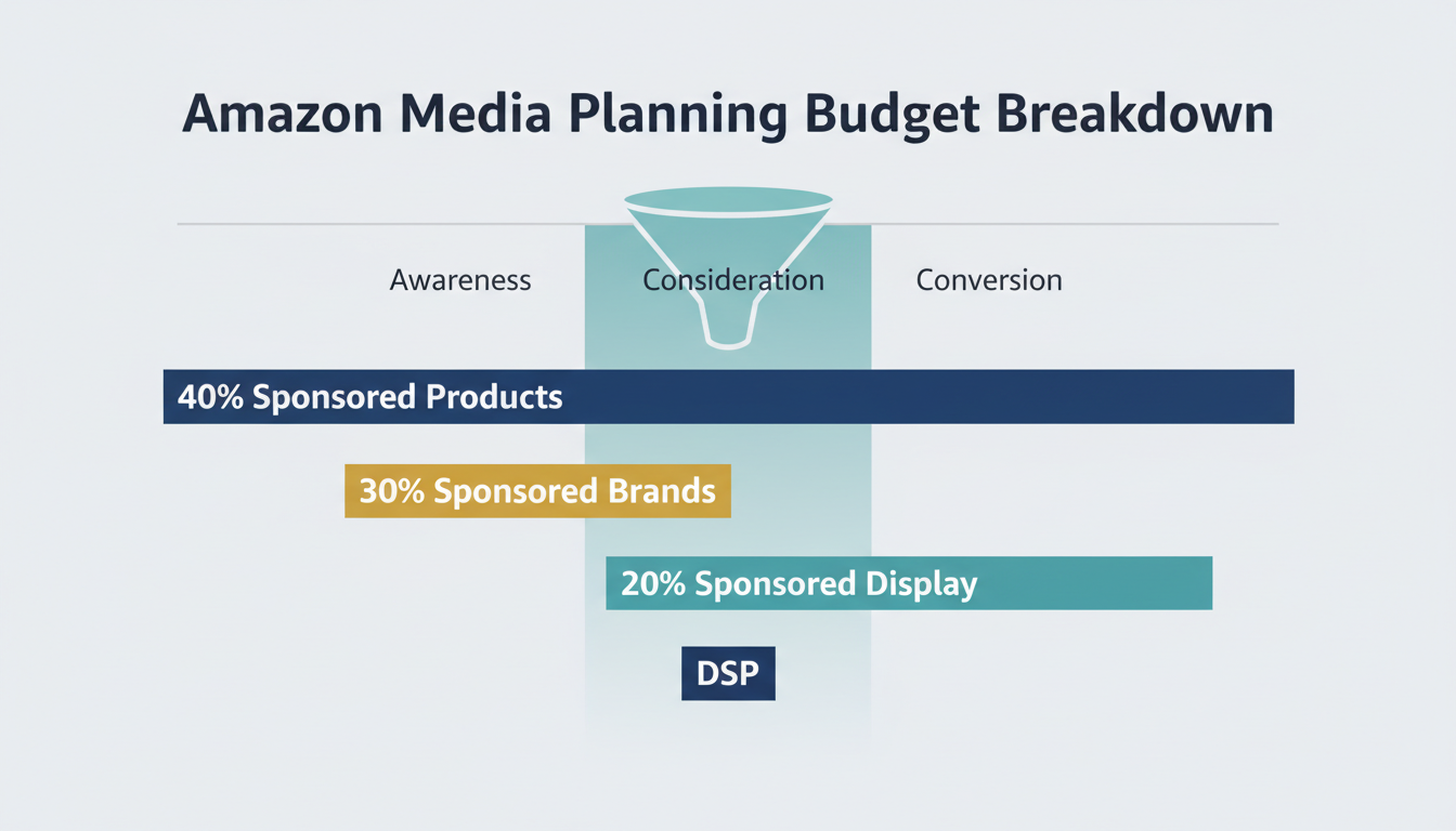 Amazon media planning budget breakdown showing ad types allocation for brand registered sellers