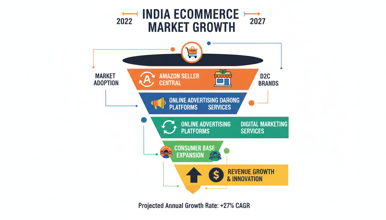 India ecommerce platform growth chart showing D2C market opportunity for central sellers on Amazon